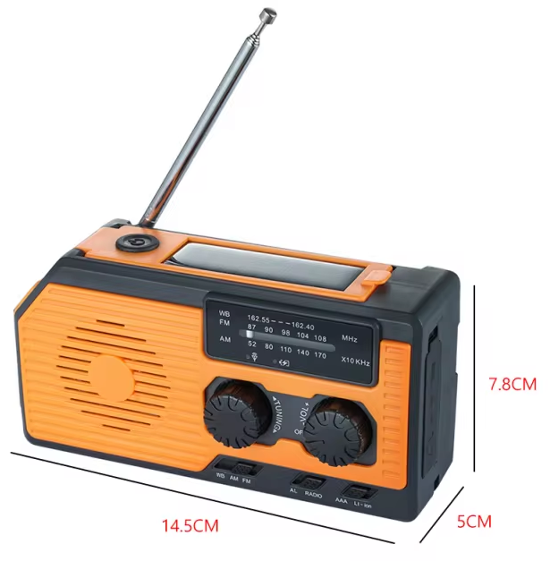 Nødradio fra forsiden med dimensioner